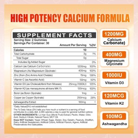 1200mg Calcium Gummies w/Vitamin D3 for Adults - High Absorption Calcium Supplement with Magnesium, K2, Copper, Boron, Zinc and Ashwagandha, Support Bone & Muscle, Sugar-Free for Women Men, 120 Count