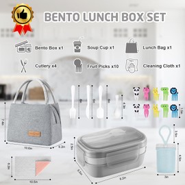 KAIFTEK Bento Box Adults Lunch Box, Bento Lunch Box for Adults Kids Men Women Boys Girls School, Leak-proof Lunch Containers with Lunch Bag, Cup, Spoon, Forks, Dishcloth