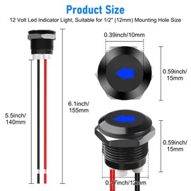 Linkstyle 2PCS 12V LED Indicator Light, 1/2" Panel Cutout Signal Indicator, Metal Signal Lamp Light with 300MM Wires, Blue