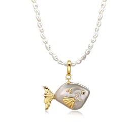 Hi Pearl Fish 14-20 mm Freshwater Pearl Pendant Necklace Fish Pearl Necklace Women Mother Daughter 18 K Gold-Plated Extension Birthday Gift for Her, Pearl
