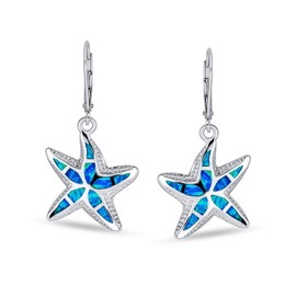 Long Blue Created Opal Inlay Starfish Nautical Ocean Sea Life Drop 925 Sterling Silver Lever Back Earrings For Women