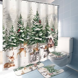 Harrycle 4 Pcs Christmas Shower Curtain Set for Bathroom Farmhouse Winter Vintage Shower Curtain with 12 Hook Rustic Bathroom Non Slip Rug Toilet Lid Cover, 70.8 x 70.8'' Waterproof(Forest Style)
