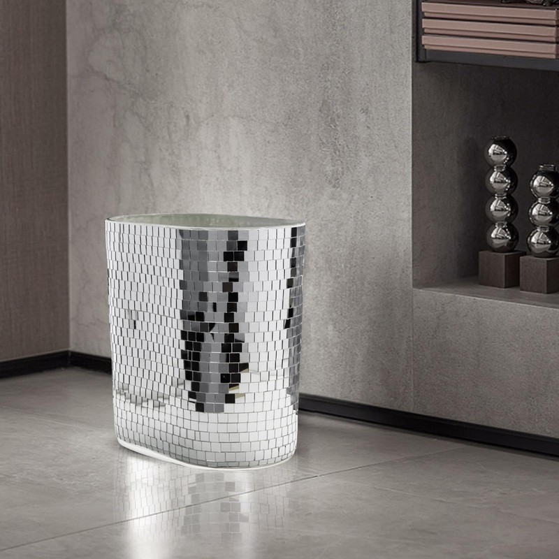 WDHODEC Silver Mirror Mosaic Trash Can (9.8" Tall) | Narrow