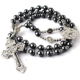 HanlinCC 8mm Hematite Rosary Black Stone Beads with 4mm Stainless Steel Beads and St.Michael Metal Beads Rosary Necklace with Medal & Cross for Men and Womens (St.Michael Rosary on Steel Wire)