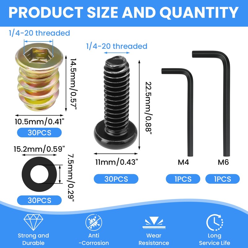MILYARD 30 Sets 1/4-20 Threaded Insert and Bolt for Wood,