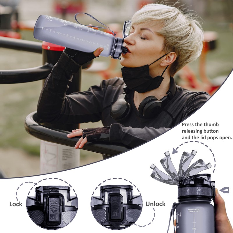 SEEPAR Water Bottle 1L with Time and Hydration Markers, Leak-Proof