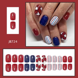 4th of July Press on Nails Short Square Fake Nails with Designs Blue Glitter Star False Nails Glossy Full Cover Acrylic Naills Glue on Nails Independence Day Stick on Nails for Women Manicure 24Pcs