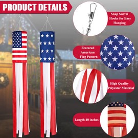 40 Inch American Flag Windsock 2 PCS Wind Socks for Outside, Fourth of July Patriotic Windsock Outdoor Hanging Yard Decorations