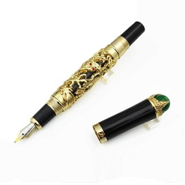 Luxury Golden Chinese Ming Dynasty Emperor Style Dragon Play Jade Ball Fountain Pen Fine Tip