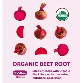 Healths Harmony USDA Organic Beet Root Powder (120 Tablets) 1350mg Beets Per Serving with Black Pepper for Extra Absorption - Source of Antioxidants - Vegan - No Capsules