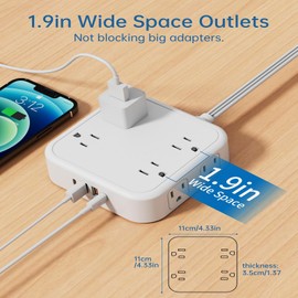 Power Bar, Power Strip Surge Protector with 8 Outlets & 2 USB Ports & 2 Type-C Port (5V/3A), Angled Flat Plug, Spaced Outlets & ETL Listed Power Outlet for Cruise Ship Travel Home - White