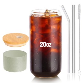 DAMCONME Glass Cups with Lid and Straw,Glass Coffee Cups,Smoothie Cup,Beer Glasses,Mason Jar Cups,Juice Glasses,Matcha Cup,Aesthetic Cup,20oz Glass Bamboo Cup with Straw,1 Brush-Avocado