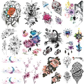 VERKSTAD 12 Sheets Half Arm Temporary Tattoos For Men and Women, Scorpion Fox Waterproof Temp Tattoo Stickers Adults, Hand and Body Art Realistic Tattoo Flower Animals