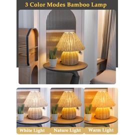 Quipzora Rattan Table Lamp,Small Rattan Lamp,Bamboo Handmade Boho Beside Lamps,3 Colors Modes Vintage Wicker Wooden Nightstand Light for Bedroom Living Room Home Office Art Decor,7W E26 Bulb Included