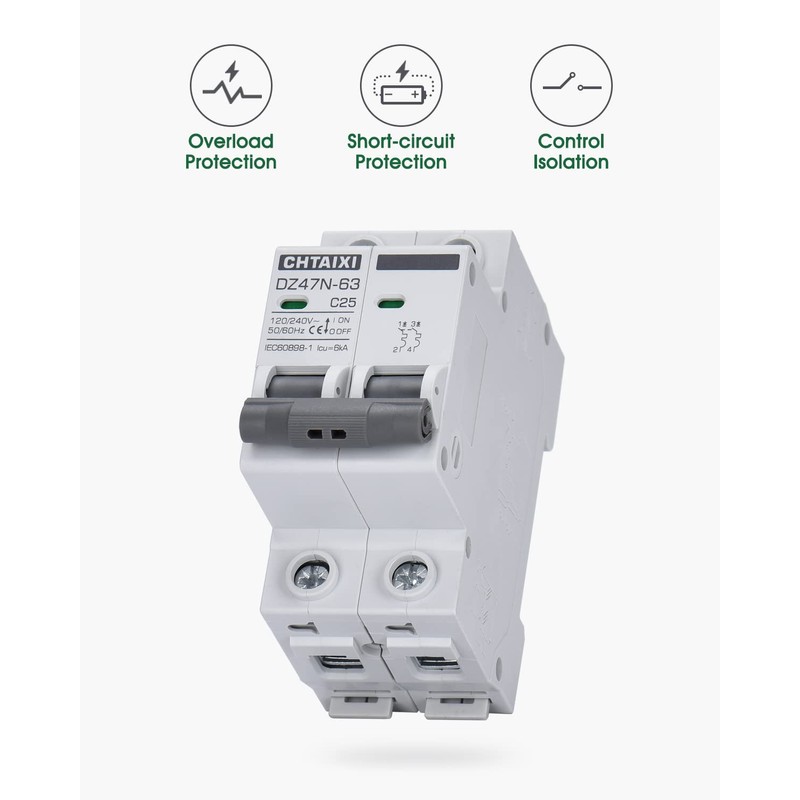 Chtaixi AC Miniature Circuit Breaker, 25 Amp 120V/240V 2 Pole