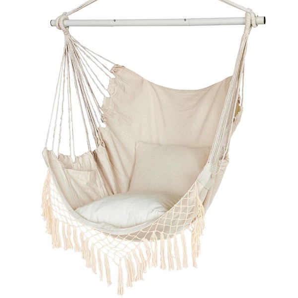 Hammock Chair, Hanging Rope Swing Seat with 2 Cushions,Macrame Hanging Chair Side Pocket with High Load-Bearing Metal Rod,for Indoor, Outdoor, Extra Comfortable