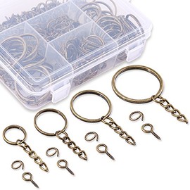 Swpeet Juego de 300 anillos de llavero de bronce, 100 anillos de llavero con cadena y 100 anillos de salto con 100 pasadores de ojo de tornillo a granel para hacer hallazgos de joyas, 3/5 pulgadas, 4/5 pulgadas, 1 pulgada, 6/5 pulgadas