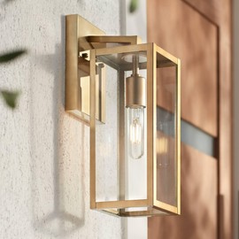 John Timberland Titan Modern Outdoor Wall Light Fixture Soft Gold Rectangular Frame 14 1/4" Clear Glass Panels for Exterior Barn Deck House Home Porch Yard Patio Outside Garage Front Door