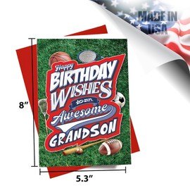 MegaCalendars Happy Birthday Card with Self-Adhesive Envelope for Grandson, Cute Custom Party Designs, Premium 320 GSM Cardstock, Made in USA - Sports
