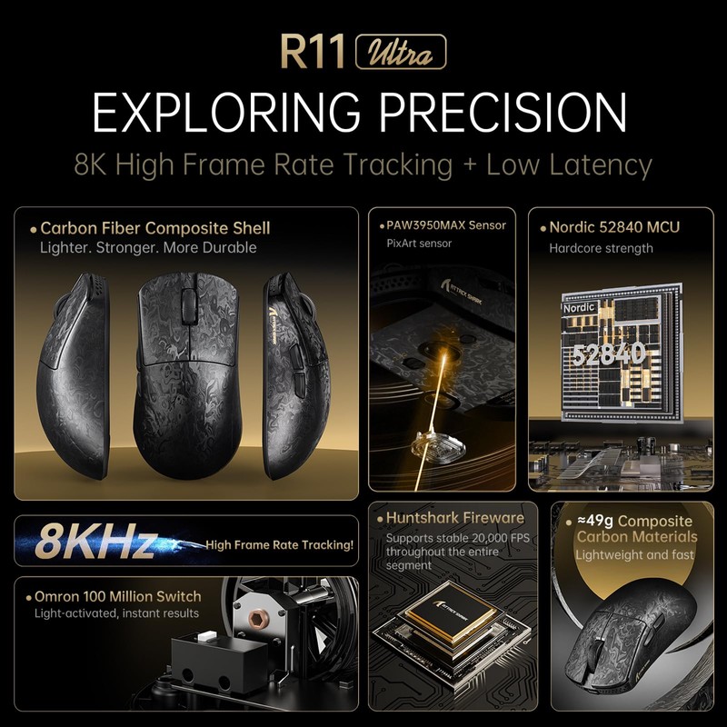 ATTACK SHARK R11 Ultra 8K Carbon Fiber Wireless Gaming Mouse,