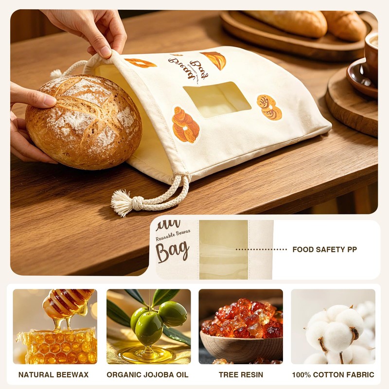 Stnopw Reusable Beeswax Bread Bag with Clear Window, Large Stand-Up