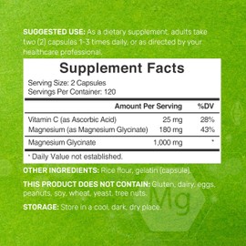 DEAL SUPPLEMENT Magnesium Glycinate 500mg Per Capsule Plus Vitamin C, 240 Capsules