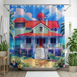 Monalivest Cartoon Hawaii House Curtain for Bathroom Luau Aloha Summer Sea Beach Tropical Palm Trees Home Decorations Sets with 12 Hooks Waterproof Polyester 72" x 72"