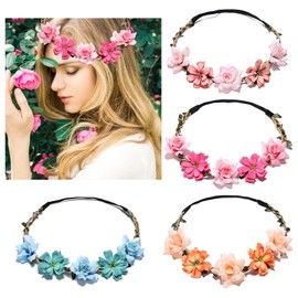 HANSAMU 4Pcs Flower Crowns Floral Headbands Garland Adjustable Boho Bridal Bridesmaid Women Girls Teens Headpiece for Hawaiian Party Wedding Beach Festival (Pink Galsang, M)