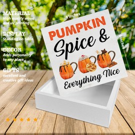 Fall Wooden Box Sign Home Decor Fall Coffee Square Wood Sign Desk Decoration Pumpkin Spice and Everything Nice Wood Block Plaque Box Sign for Shelf Home Kitchen 5 x 5 Inches