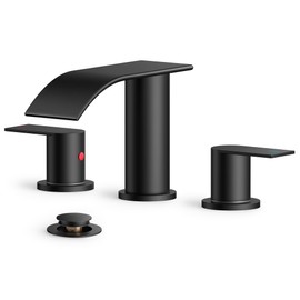 FORIOUS Black Square Bathroom Faucets 3 Hole, Waterfall Bathroom Sink Faucet with Metal Pop-up Drain and Supply Lines, Two Handles for Vanity, RV, Farmhouse