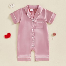 Newborn Baby Boy Girl Silk Pajamas Romper Shorts Sleeve Button Down Satin One Piece Onesie Pjs Infant Sleepwears (Dark Pink, 6-12 Months)