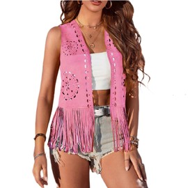 GPLOPEEY Women's Fringe Cowgirl Waistcoat Ladies Faux Suede Denim Jacket Sleeveless Cardigan Cowboy Vest Streetwear (03 Fuchsia, L)
