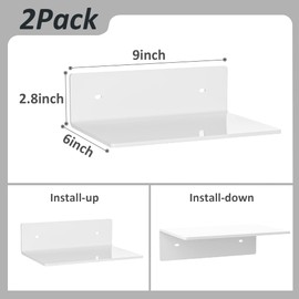 Sezanrpt 9 Inches White Floating Shelves Acrylic, White Wall Shelves for Living Room Décor, Bedroom, Bathroom, Kitchen, Dining Room, Brand Store, Retails, Gaming Room, 2 Pack