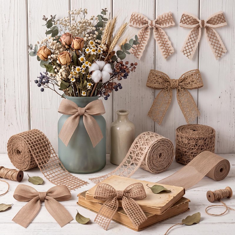 6 Rolls Wired Burlap Ribbon, Natural Jute Mesh Lace Ribbon
