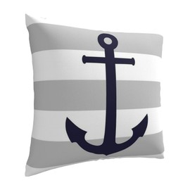 Myshe Square Nautical Navy Blue Anchor On Gray Stripes Throw Pillow Cover Decorative Pillow Cover Perfect Decor Gift for Sofa Bedroom Home Decoration 18x18