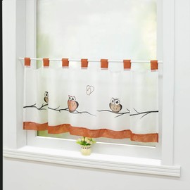 Joyswahl Voile Net Curtain, Bistro Curtain with Loops, "Grete" with Owls Pattern, Transparent Curtains, H x W 45 x 90 cm, Red, Pack of 1