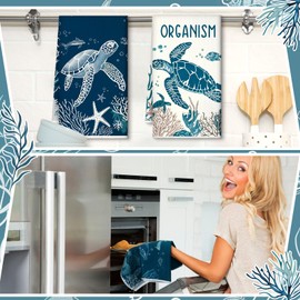 Honoson 6 Pieces Ocean Kitchen Dish Towels Summer Farmhouse Decorative Dish Towel Ocean Theme Sharks Turtles Seahorses Starfish Absorbent Tea Towels for Kitchen Cooking Home Cleaning Decor