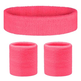 Flintronic Pack of 3 Sweatbands Wrist, Absorbent Wrist Sweatbands for Men and Women, Fitness Arm Sweatband Set with Sweatband, Headband for Handball, Football, Tennis, Rose Red