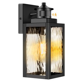 Brightever Motion Sensor Outdoor Lights Fixture, Dusk to Dawn Exterior Porch Light Wall Mount with Water-Rippled Glass, Black Modern Outside Wall Sconce Lanterns for House, Garage, Bulbs Not Included