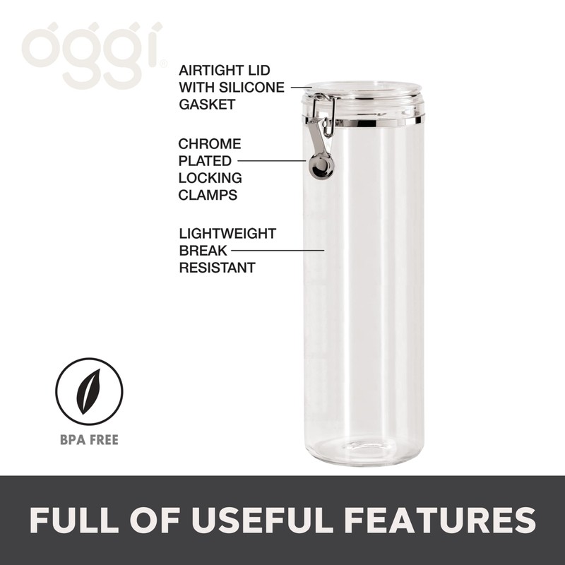OGGI Tall Clear Canister with Clamp Lid, 58 oz -