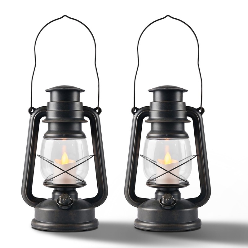 FUWDEO 2-Pack Vintage LED Lanterns with Moving Flame Flickering- 9.5"