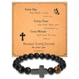 Religious Christian Gifts for Men Boys Cross Bead Bracelet for Dad Son Birthday Christmas Gifts for Boyfriend Huaband Black Beaded Bracelets for Men Best Friend Bible Verse Bracelet for Men Boys