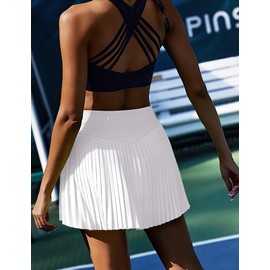 PINSPARK Womens Tennis Skirt Pleated Athletic Skirt with 3 Pockets Tummy Control Golf Skorts Pickleball Skirt Quick Dry Active Skort,White Small