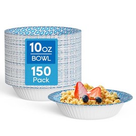 MUCHII 10 Oz Paper Bowls 150 Count Small Bowls, Blue Printed Soak Proof Disposable Bowls for Snacks, Dessert, And Light Lunch Meals