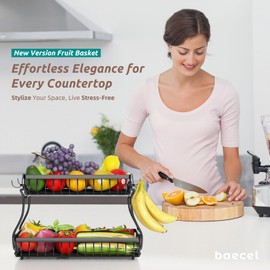 baecel 2 Tier Fruit Basket with 4 Banana Hangers, Premium Detachable Fruit Bowl for Kitchen Counter, Large Capacity Fruit Holder Stand Countertop Organizer for Bread Snack Produce Storage