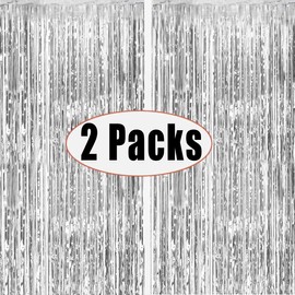 2 Pack Shiny Silver Metallic Tinsel Foil Fringe Curtains Photo Booth Backdrop for Birthday Wedding Bridal Shower Holiday Celebration Bachelorette Party Decorations