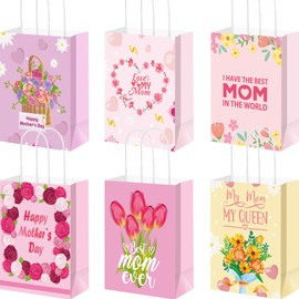 Affrolling 24 Pcs Mother's Day Paper Bags Carnation Pink Mother's Day Mom Theme Party Paper Gift Bags with Handle for Party Favor Treat