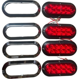 4pcs 6" Oval Chrome Bezel Trailer Truck Red 10 LED Surface flush Mount Stop Turn Tail Lights, Red Stop Brake Marker Tail LED Light, for Truck Trailer Trail Bus 12V DC