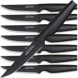 Amorston Steak Knives, Steak Knives Set of 8, Stainless Steel Steak Knife Set, Serrated Knives Dishwasher Safe, Elegant Black