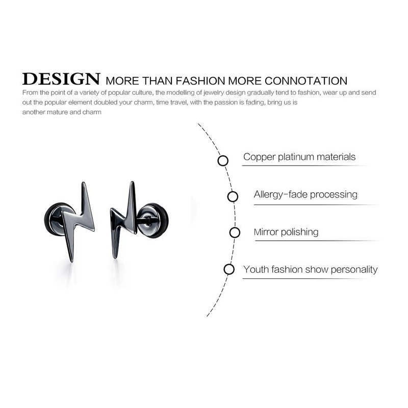 Screw Flat Back Black Lightning Bolt Stud Earrings for Women